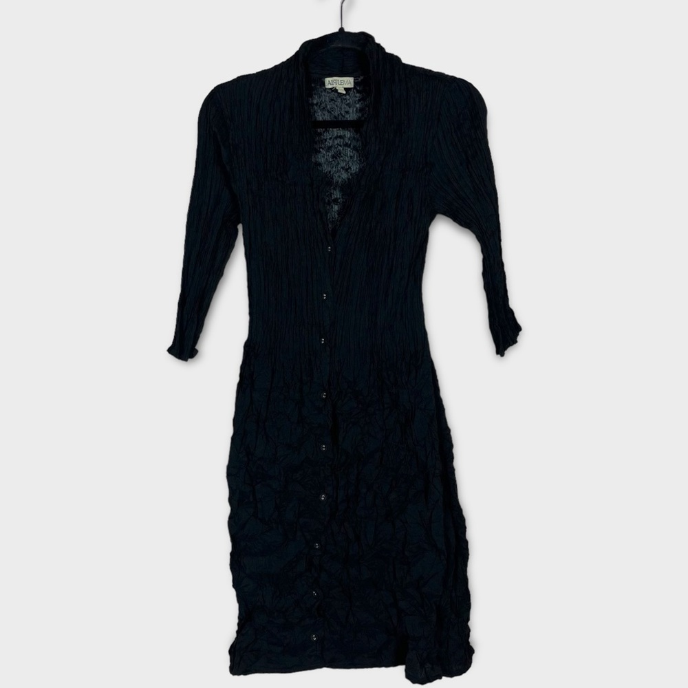 Alquema Crinkle Dress Size 1 (6 8 10) Midi 3/4 Sleeve Button Black
